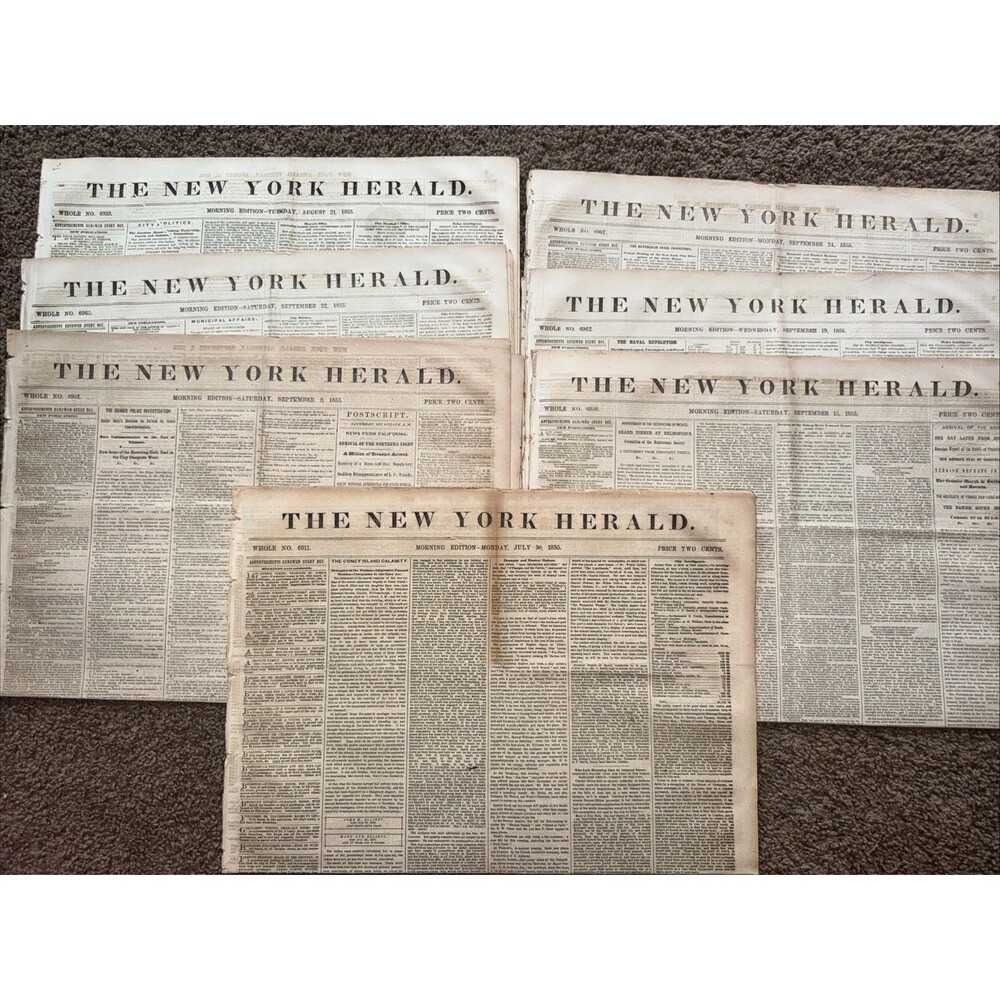 Lot of 7 Original 1855 New York Herald Newspapers – Antique 19th Century History